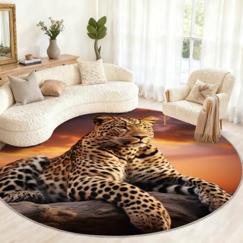 Leopard Round Rug - 8ft Washable Cheetah Print Round Area Rug for Living Room, Wildlife Circle Rugs Soft Non-Slip Carpet for Bedroom Dining Table Coffee Table Decor Mat