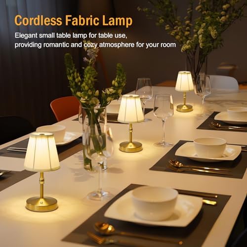 Cordless Mini Lamps Gold,3000 mah Battery Operated Lamp,3 Color Temperature Dimmable Table Lamp,Small Rechargeable Table Lamp Fabric,Aesthetic Small kitchen Lamp for Counter,Dinner (Gold,2 Pack)