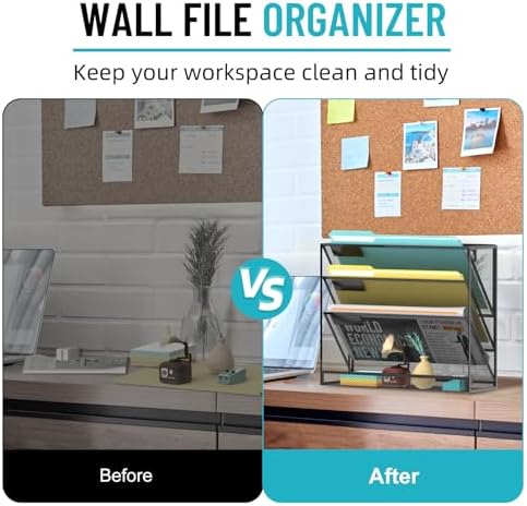 SUPEASY Wall File Organizer Mesh Office Mail Holder, Hanging Wall Organizer Magazine Rack for Office Black, 4 Tier