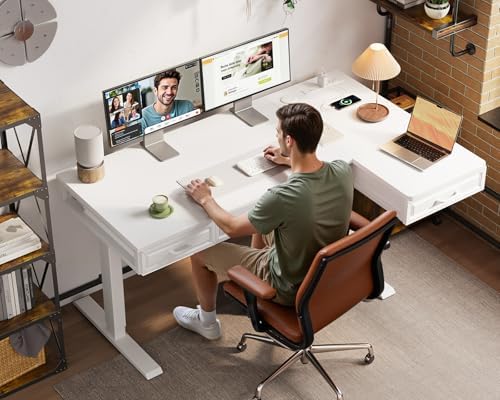 OffiGo 55 Inch L Shaped Standing Desk with 4 Wooden Drawers, White