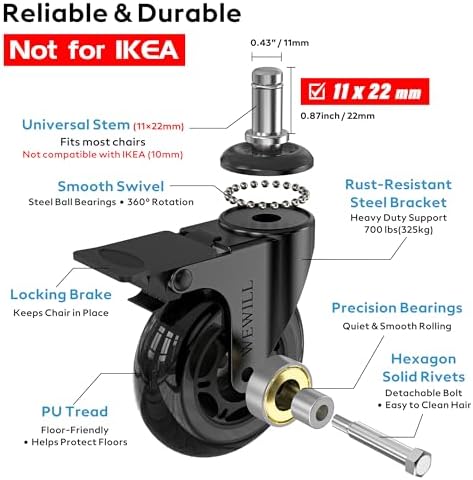 WEWILL Office Chair Wheels - Rubber Casters Replacement Universal Fit 98% Chair(Set of 5) Heavy Duty 3 Inch Smoothly & Quietly Safe for All Floor, Hardwood, Tile, Carpet, Noise Free - Glossy Black