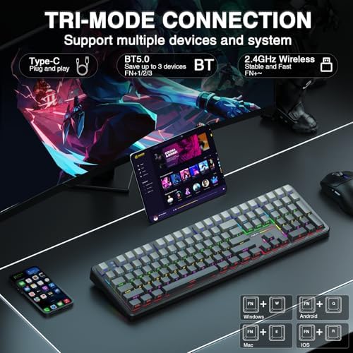 AULA F108 Wireless Mechanical Keyboard, Full Size Gaming Keyboard with Number Pad, Side Printed PBT Keycaps, Pre-lubed Switches, RGB Backlit, Hot Swappable Creamy Sounding Computer Keyboards, 108 keys