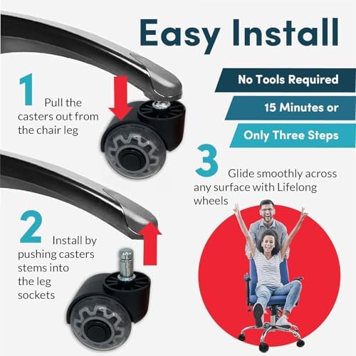 HOPES Office Chair Wheels Replacement Set of 5 – Heavy Duty Rubber Casters, Smooth & Quiet Rolling for Hardwood Floors and Carpet, Universal Stem, No Floor Mat Needed (Double Grey, 2inch-660lbs)