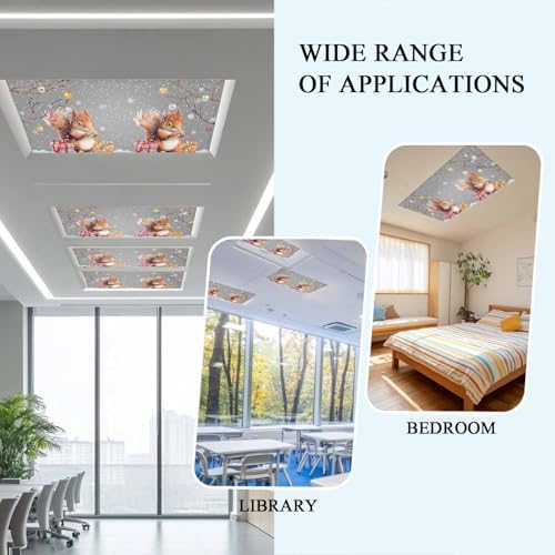 2 Pcs Fluorescent Light Covers for Ceiling Lights,Xmas Squirrel Winter Snowflake,Magnetic Light Filters Drop Fluorescent Lights Shade for Office Christmas Ball Branch Gray