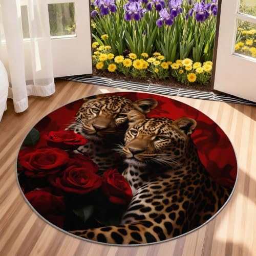 Leopard Round Area Rug - 6.6ft Cheetah Print Round Rug for Living Room, Animal Floral Circle Rugs Soft Non-Slip Carpet for Bedroom Kiks Room Dining Table Decor Mat