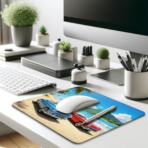 Classic Red & Blue Cars Mouse Pad, Tropical Hawaii Beach Scene Desk Mat