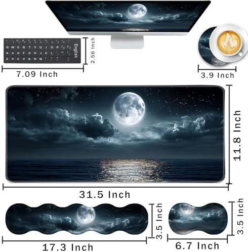Keyboard Wrist Rest and Mouse Pad with Wrist Support Set Ergonomic Coaster,Memory Foam,Easy Typing Pain Relief,Large XL Desk Mat 31.5"x 11.8",Moon Ocean