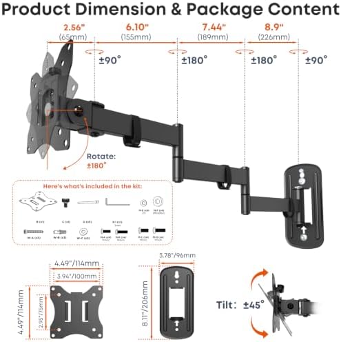Long Arm Monitor Wall Mount up to 32 Inch, Heavy Duty 3-Section Steel Arm
