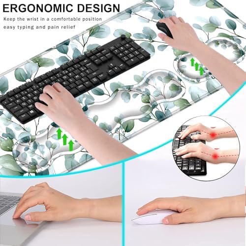Keyboard Wrist Rest and Mouse Pad with Wrist Support Set Ergonomic Coaster,Memory Foam,Easy Typing Pain Relief,Large XL Desk Mat 31.5"x 11.8",Grass Leaves