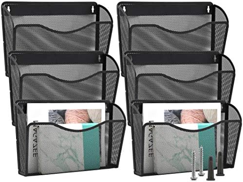 EASEPRES 6 Single Pocket Mesh Hanging File Organizer, Vertical Wall Mounted Magazine File Holder, Mount Basket Mail Paper Document Folder Organizing for Office, Home and School, Black