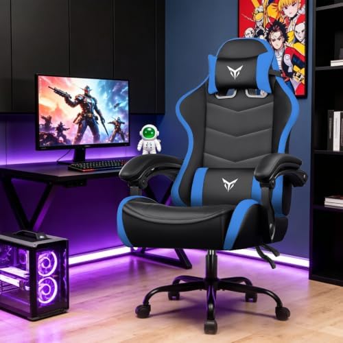GTPLAYER Gaming Chair for Adults, Big and Tall 300LBS Heavy Duty Office Chair, Ergonomic High Back Lumbar Support and Wide Comfy Cushion with Linkage Armrests for Home Office, Blue