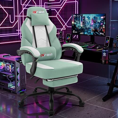 Gaming Chair for Adults with Footrest & Massage Lumbar Support, Ergonomic High Back Gamer Chair, Adjustable Swivel Computer Gaming Chairs with Headrest and Linkage Armrests,Green