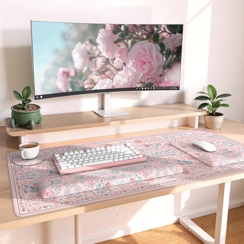 iLeadon Pink Desk Mat Set, Ergonomic Mouse Pad with Wrist Rest