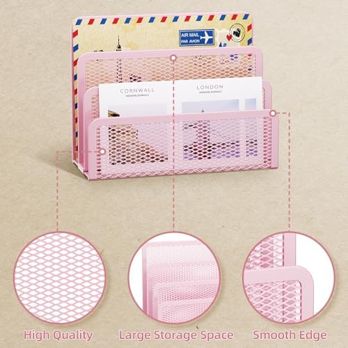 Marbrasse Mail Organizer for Desk, 3-Slot Mesh Metal Mail Holder countertop, Letter Holder, Office Desktop Envelope and Document Storage Rack (Pink)