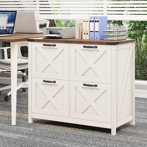 Halitaa Farmhouse Lateral File Cabinet with 4 Drawers, White and Brown