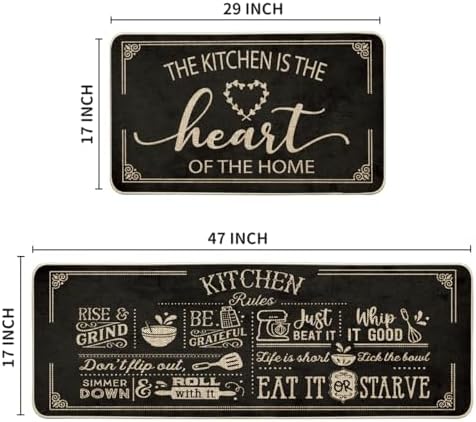 Artoid Mode Black Cooking Sets Kitchen Mats Set of 2, Seasonal The Kitchen is The Heart of The Home Holiday Party Low-Profile Floor Mat for Home Kitchen - 17x29 and 17x47 Inch