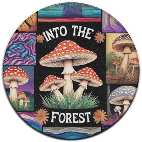 Large Home Decor Mat, Soft Round Yoga Carpet, Non Slip Machine Washable Kitchen Office Circle Rug Trippy Mushroom