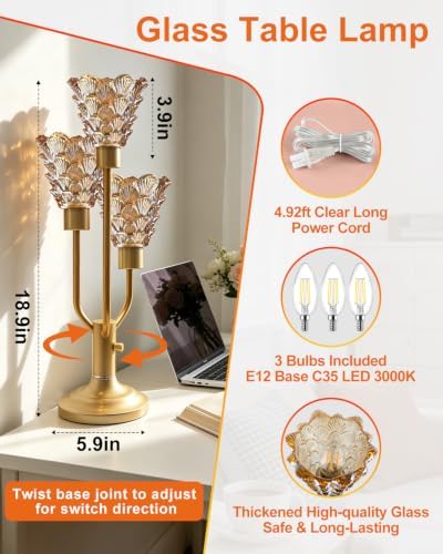 Mid Century Modern Gold Glass Table Lamp Dimmable Nightstand Lamp