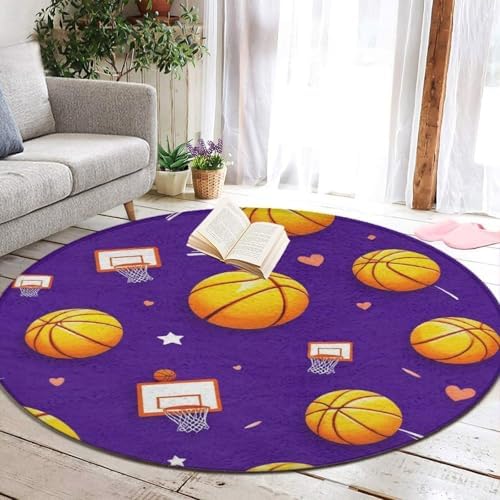 Soft Round Yoga Carpet, Office Chair Decor Round Mat for Carpet and Hardwood Floors Basketball Purple