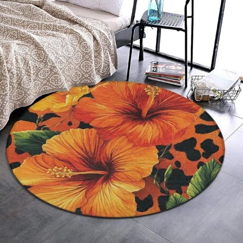 Highly Premium Quality Floor Mat, Office Chair Decor Mat, Room Sofa Yoga Soft Round Carpet Orange Yellow Flower Floral Cheetah Leopard Print, 24inch