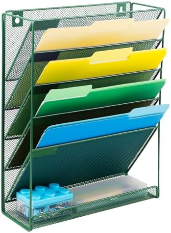 EASEPRES Desk File Organizer Mesh 6-Tier, Hanging Wall Mount Document Organization Stand, Desktop Vertical Mail Paper Folder Holder Rack with Bottom Tray for Office Home Cubicle Countertop, Dark Green