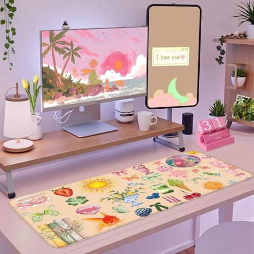 Cute Pink Boho Pastel Desk Mat Colorful Desk Mat for Keyboard and Mouse XXL Large Mouse Pad Desk Pad Mat Floral Cozy Aesthetic Desk Decor for Women Girl Teacher
