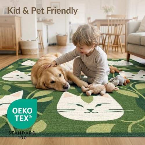 3'x5' Green Cat Forest Faces Interlinked by Washable Accent Rug