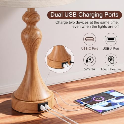 Touch Lamps for Nightstand, 3 Way Dimmable Bedside Lamps with USB C+A Ports