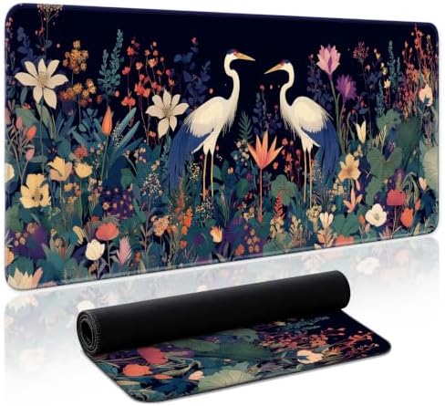 Aesthetic Desk Mat, Cute Midnight Cranes Desk Pad Protector for Work & Decor, 31.5" x 11.8", Pretty Non-Slip Extended Mouse Pad for Office or Home