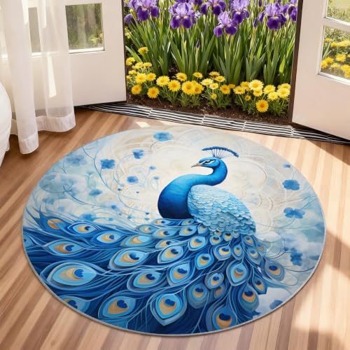 Peacock Round Rug - 4ft Washable Peacock Round Area Rug for Living Room, Abstract Animal Circle Rugs Soft Non-Slip Carpet for Bedroom Kitchen Dining Table Decor Mat