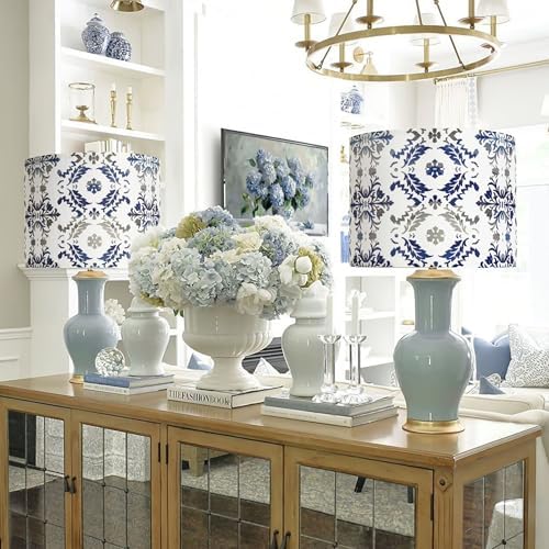 AELS Vintage Lamp Shades Set of 2, Blue and Gray Fabric Drum Lampshades for Table or Floor Lamps, 13x13x10 Medium Size (Spider Fitter), Easy Assembly Required