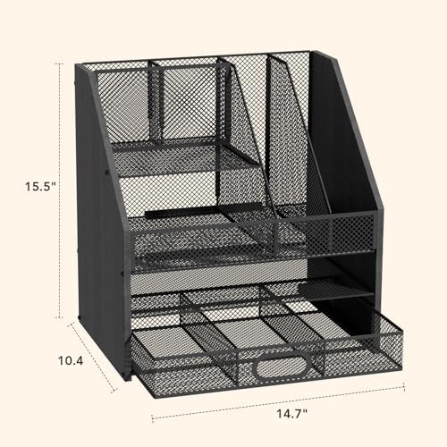Homsorout Wooden Desk Organizer - Mesh File Organizer with Drawers and Pen Holder - 4-Tier Vertical Paper Letter Storage Tray, Desktop Organizers and Accessories for Home Office (Black
