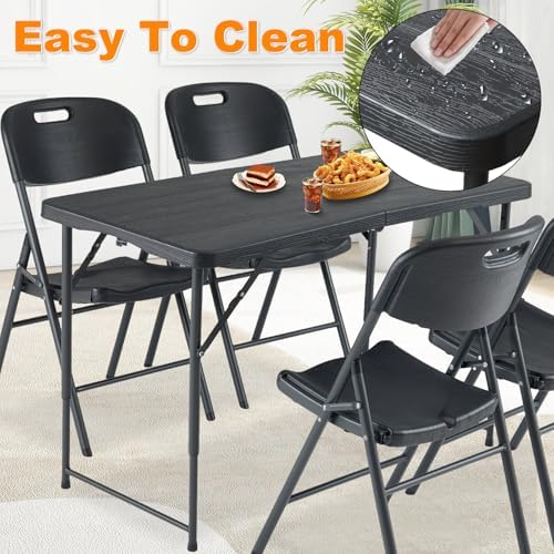 4ft Folding Table, Portable Fold-in-Half Adjustable Height Utility Table for Indoor/Outdoor Use, Durable HDPE & Steel, Stable & Lightweight, Multi-Purpose, Black Woodgrain