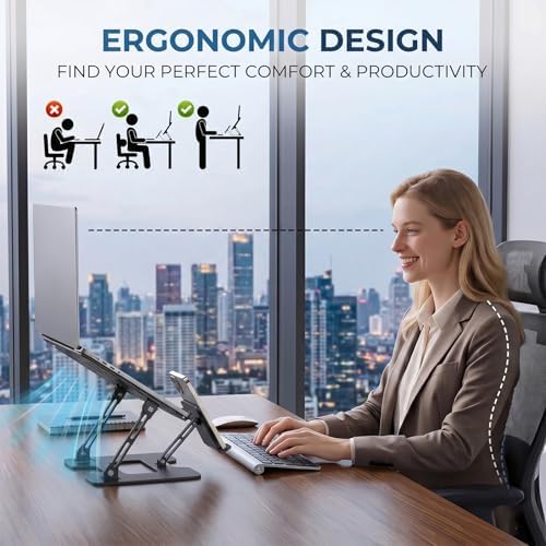 Adjustable Laptop Stand with Phone Holder, Ergonomic Alloy Steel Laptop Riser, Portable & Foldable Computer Stand for Desk, Compatible with MacBook Pro/Air All 10-18" Laptops (Black)