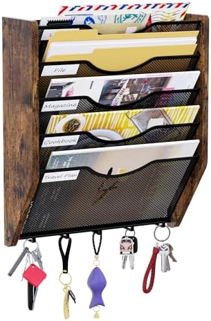 Wall File Organizer With Hooks, 5 Tier Mesh Mail Organizer Wall Mounted,Hanging File Organizer,Magazine Holder for Documents,Magazine,Literature,File,Mails,Envelopes