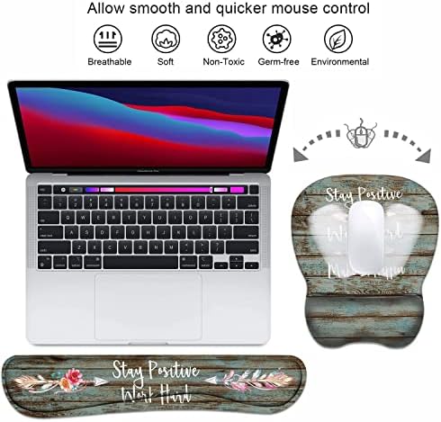 Mouse Pad Wrist Support and Keyboard Wrist Rest Set with Coasters, Inspirational Quote Stay Positive Work Hard and Make It Happen Non-Slip PU Base Ergonomic Mousepad for Home Office Working Studying