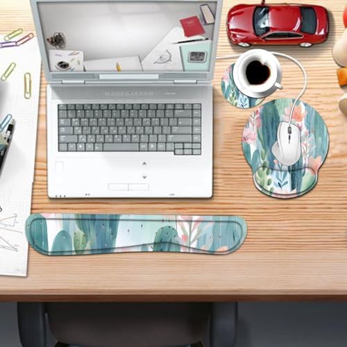 Keyboard Wrist Rest and Mouse Pad Wrist Support Set with Coaster,Ergonomic Mouse Pad,Comfortable for Easy Typing, Pain Relief,Memory Foam Keyboard Pad Set for Laptop Mac,Colorful Cactus