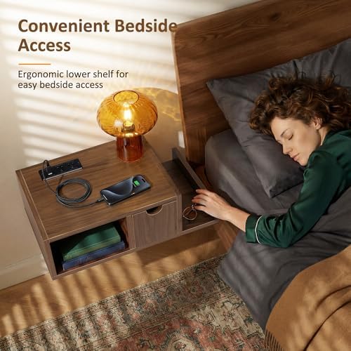 Afuly Walnut Floating Nightstand with Charging Station Narrow Bedside Table