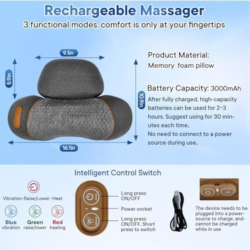 Cordless 3-in-1 Neck Massage Pillow with Heat, Massage, and Traction (Gray)