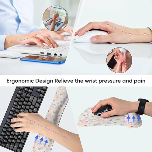 Ergonomic Memory Foam Keyboard Mouse Pad Set with Wrist Rest Support,Non-Slip Hand Wrist Cushion for Laptop/Notebook/Desktop/Computer/Gaming/Office,Easy Typing& Pain Relief (Flowers & Bowknot)