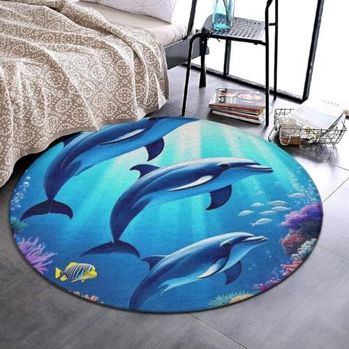 Women's Large Home Decor Mat, Soft Round Yoga Carpet, Non Slip Machine Washable Home Office Circle Rug Dolphin Under Sea World