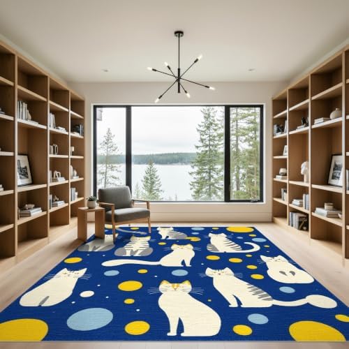9'x12' Blue Yellow Cat Symphony with Golden Washable Area Rug