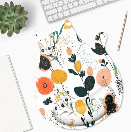 Ergonomic Mouse Pad with Wrist Rest, Cute Cat Memory Foam Padded Pain Relief Non-Slip Wrist Support Mouse Mat for Gaming Work Computer Laptop, Funny Office Supplies Desk Accessory, Cute Flower