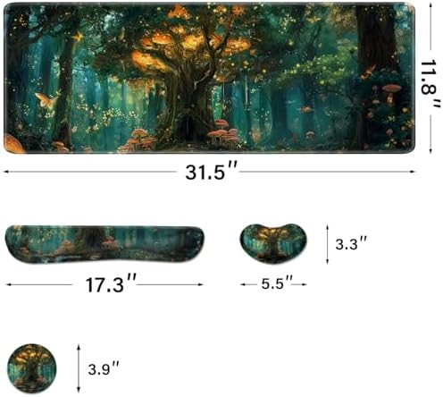 Desk Pad and Keyboard Wrist Rest, Large Mouse Pad + Keyboard Pad+Mouse Wrist Support, Non-Slip Desk Mat Protector for Office, Home 31.5×11.8 Inches Green Forest