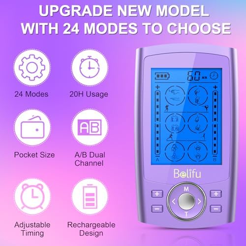 Belfiu TENS & PMS 24 Modes Muscle Stimulator for Pain Relief Therapy, Electronic Pulse Massager Muscle Massager with 10 Pads, Dust-Proof Drawstring Storage Bag, Fastening Cable Ties