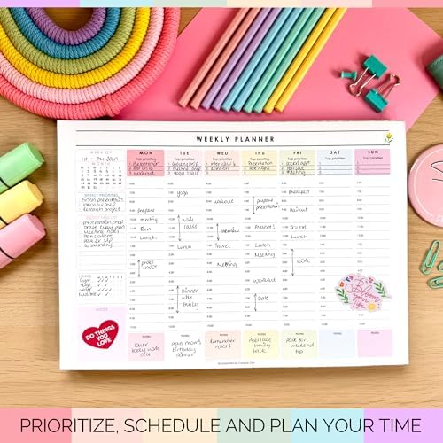 Weekly Hourly Planner Notepad, Daily Planner Desk Pad, Weekly Schedule, To Do List Note Pad, ADHD Planner | 50 Undated Tear Away Sheets | A4 (Rainbow)