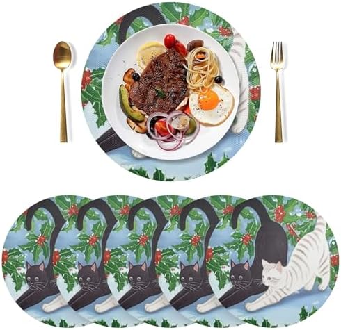 Round Placemats Cat Stretching Non-Slip Stain Heat Resistant Place Mats Washable Table Mats for Kitchen Dining Table Decor, Easy to Clean, Set of 6