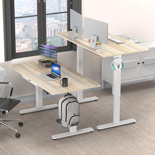 SHW 55 x 28 Electric Height Adjustable Standing Desk w/Drawer, Maple