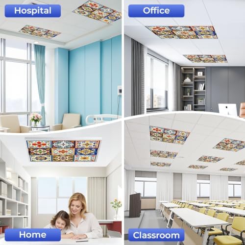 6 Pcs Fluorescent Light Covers for Ceiling Lights Mexican ceramic Ethnic Magnetic Light Filters Decorative for Classroom Office Hospital Home 4x2 Ft