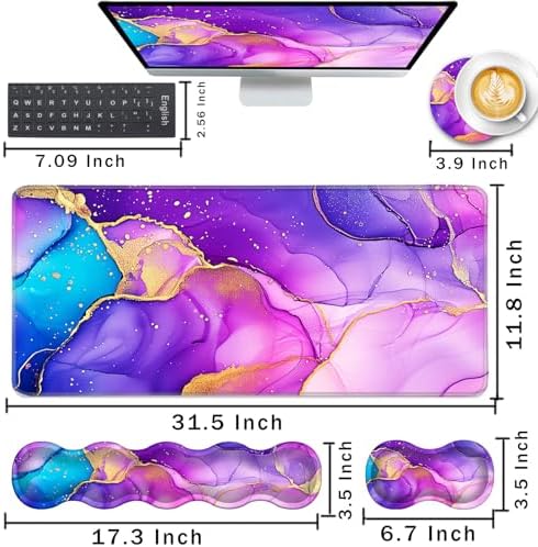 Keyboard Wrist Rest and Mouse Pad with Wrist Support Set Ergonomic Coaster,Memory Foam,Easy Typing Pain Relief,Large XL Desk Mat 31.5"x 11.8",Marble Purple